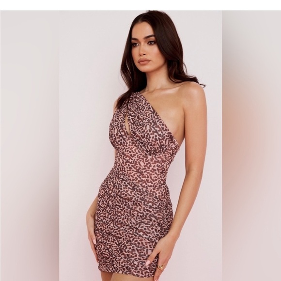 House of CB Clementine leopard mesh one shoulder ruched mini dress - Picture 3 of 16